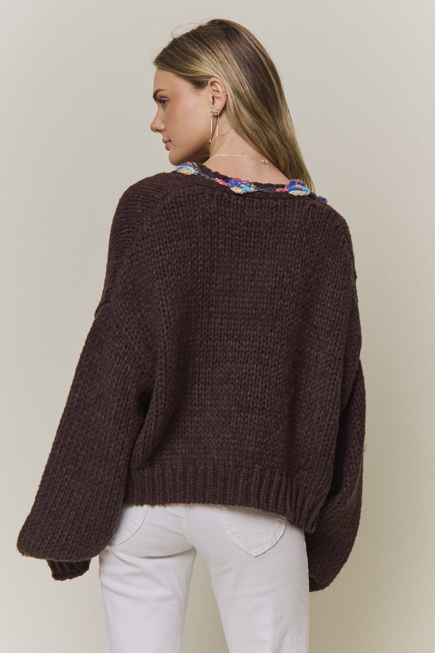 CHUNKY MULTICOLOR TRIM KNIT CARDIGAN - CESW4416