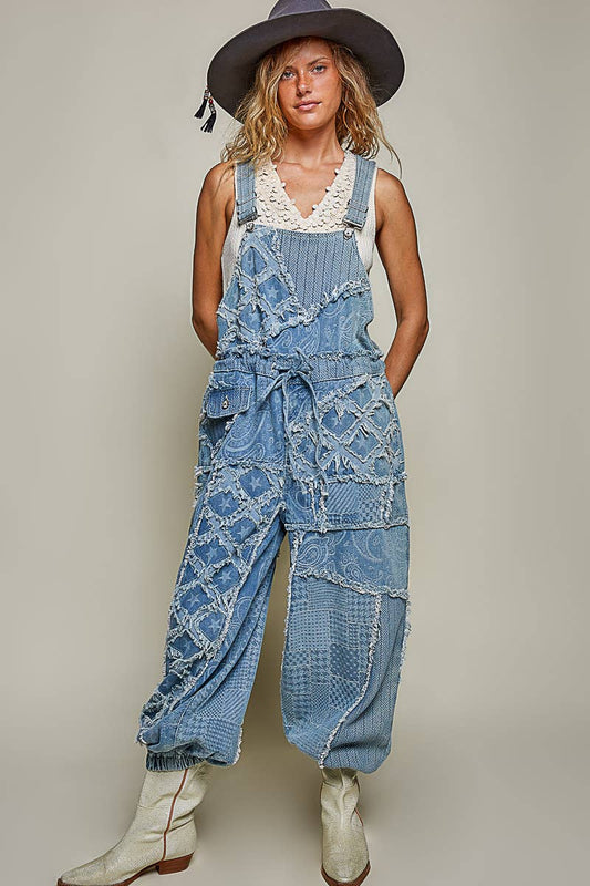 Boho Relaxed Fit Patchwork Denim Overalls