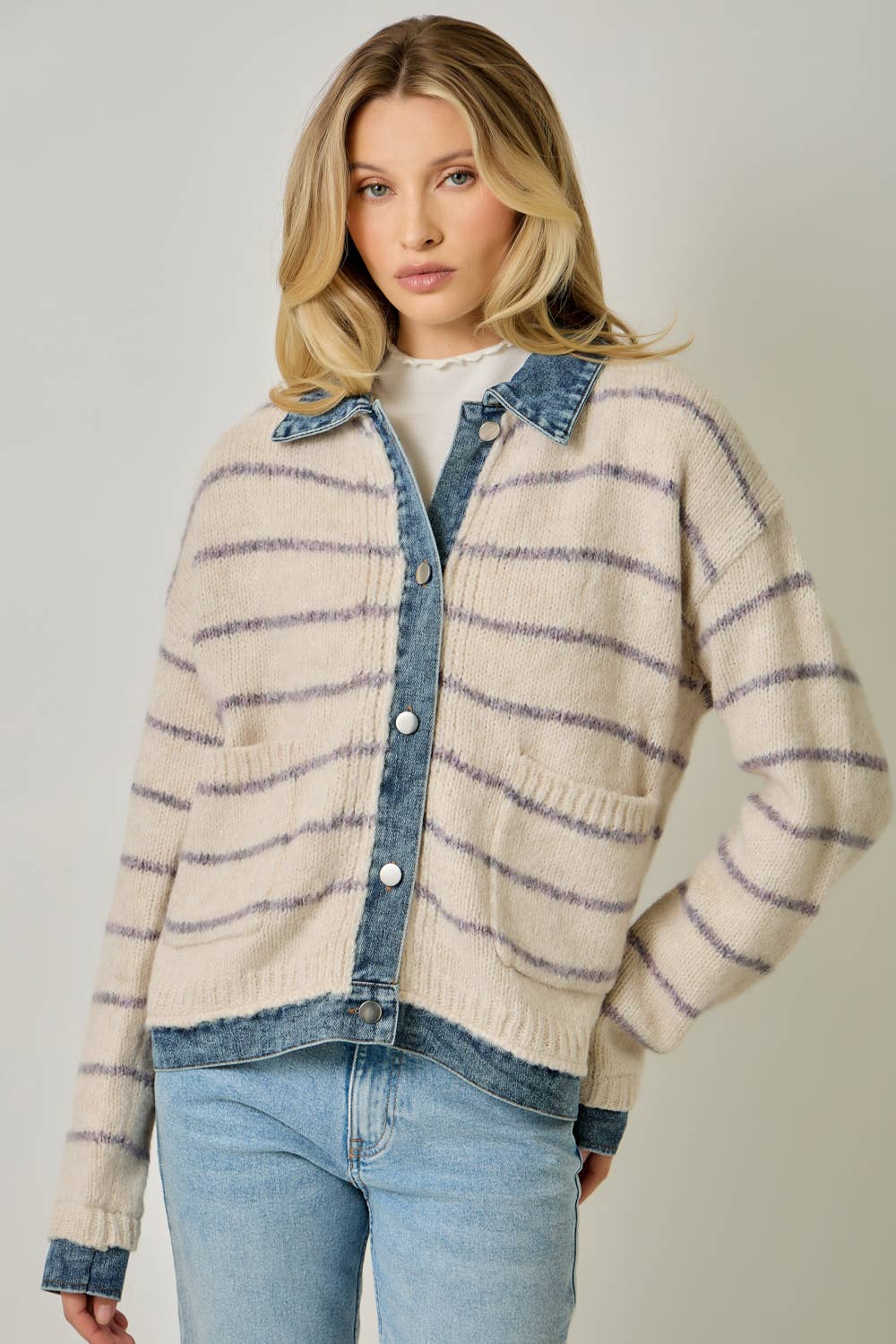 71281 Striped Denim Hem Sweater Jacket
