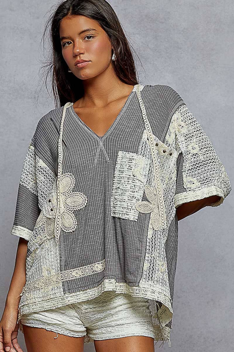 V-neck Hoodie Crochet Flower Top