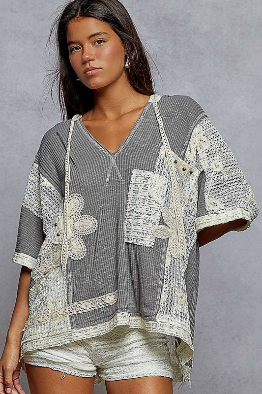 V-neck Hoodie Crochet Flower Top
