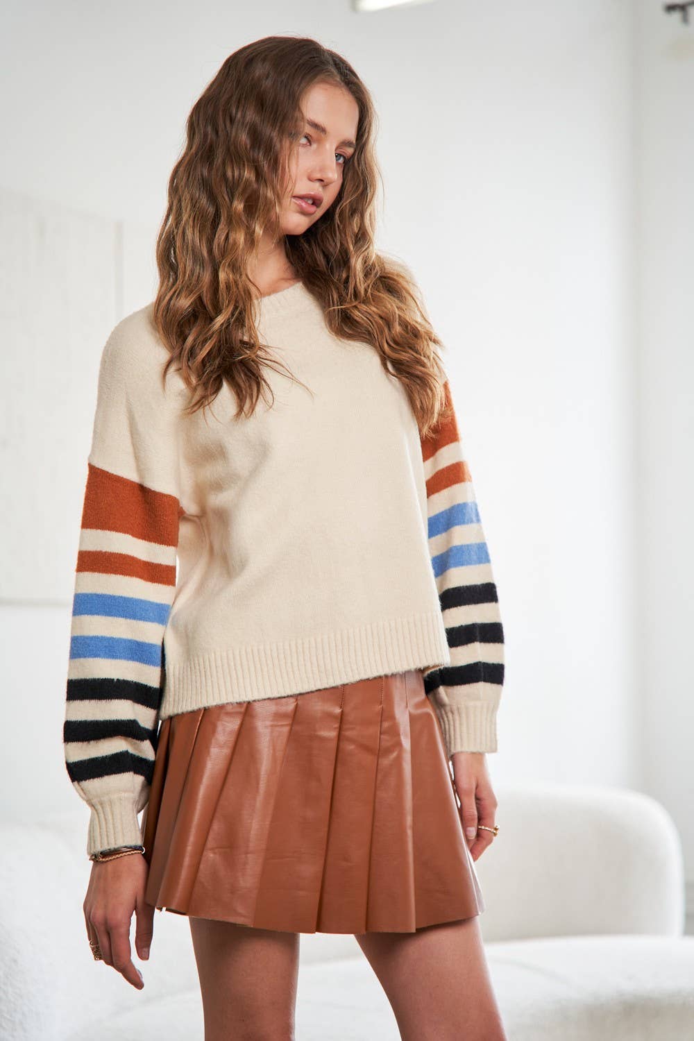 STRIPE SLEEVE COZY SWEATER- CESW2490