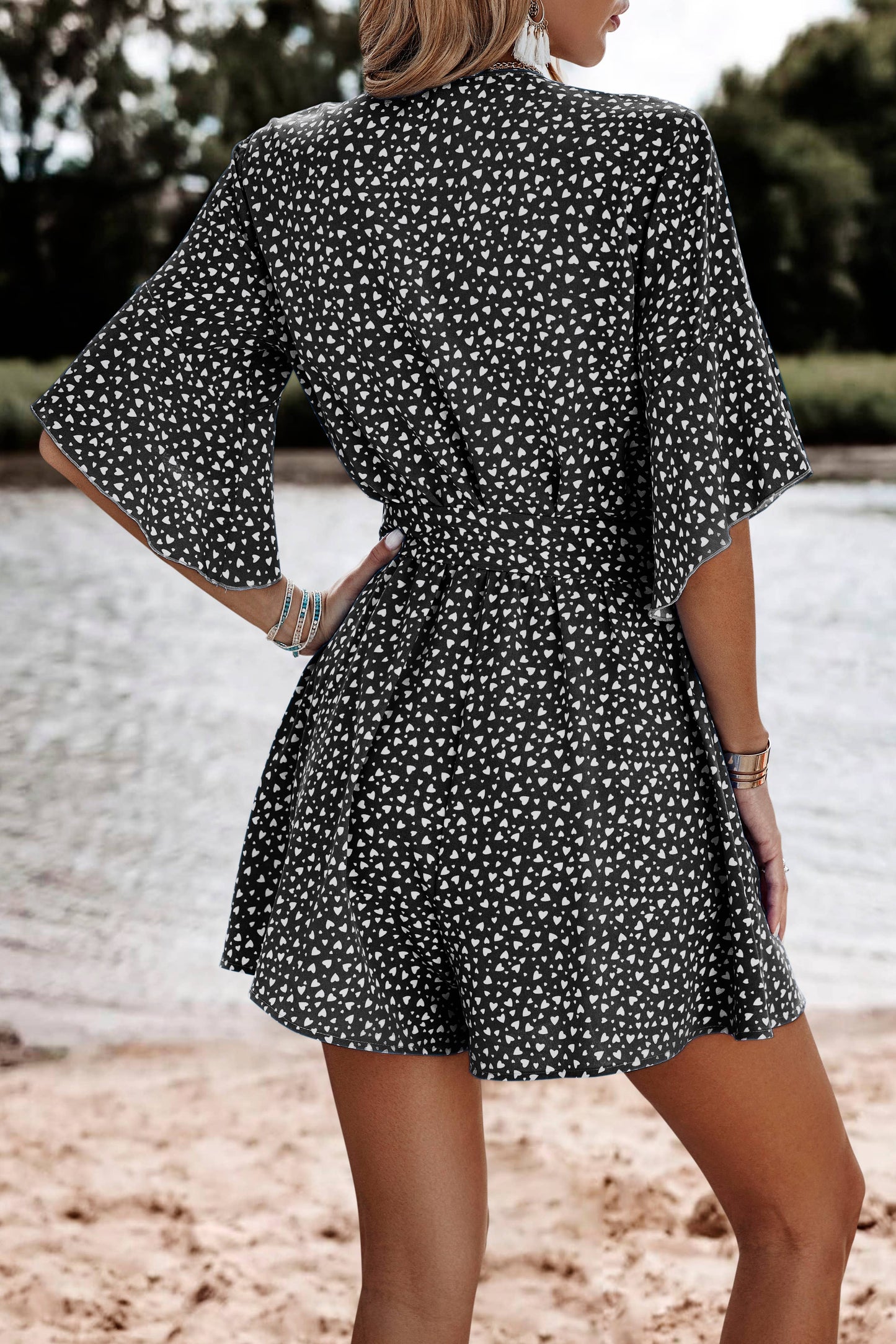 Black And White Print Faux Wrap Romper