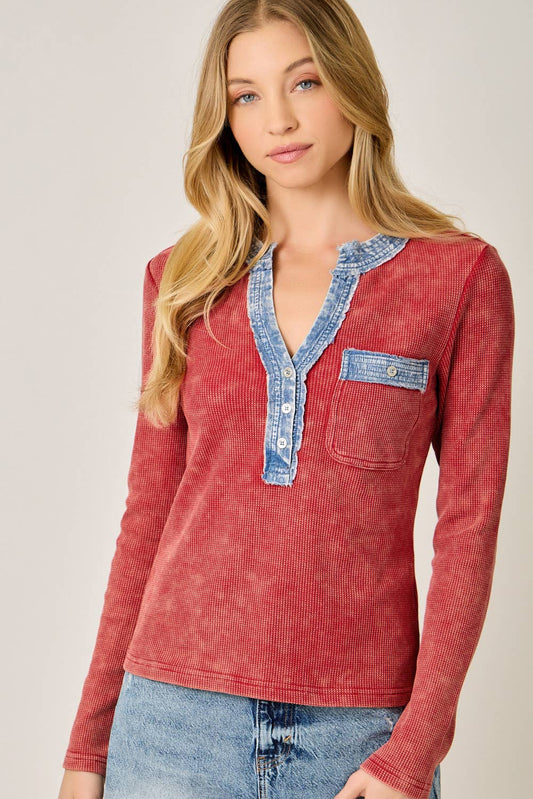 Denim Mixed Henley Top