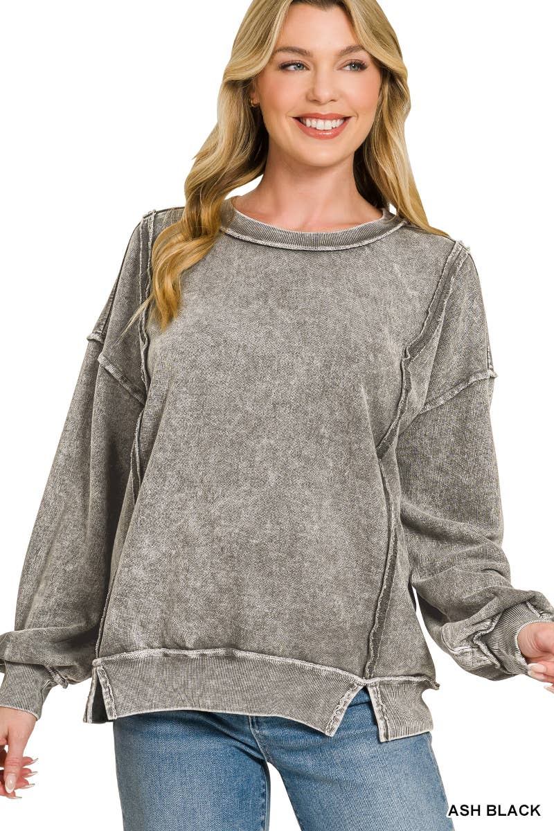 0326 Halo Snow Washed F/Terry Exposed Seam Sweatshirt SI-29633 Zenana