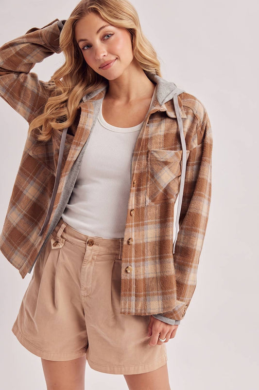 Button Down Hooded Plaid Shacket