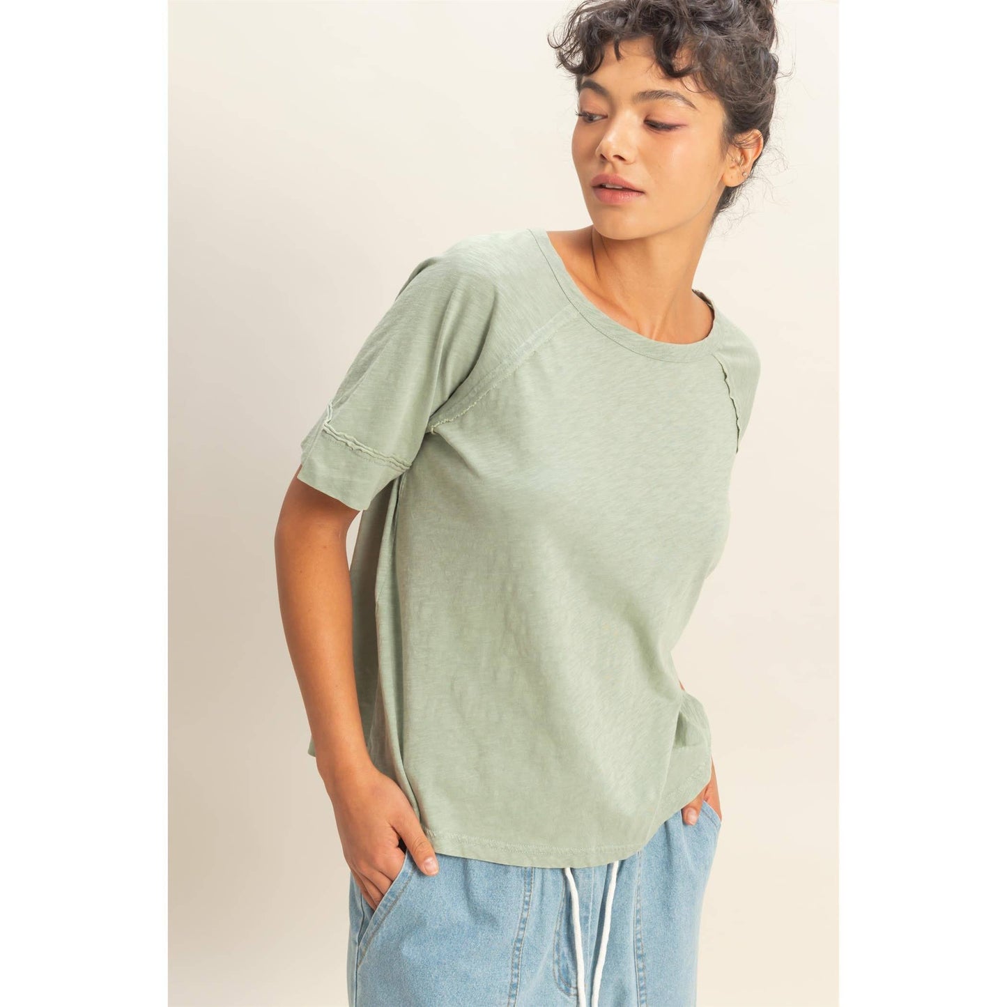 Acid Wash Raw Seam Raglan Short Sleeve Tee