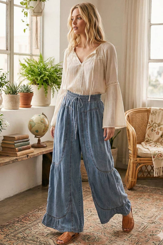 MINERAL WASHED WESTERN WIDE LEG PALAZZO CHAMBRAY PANTS