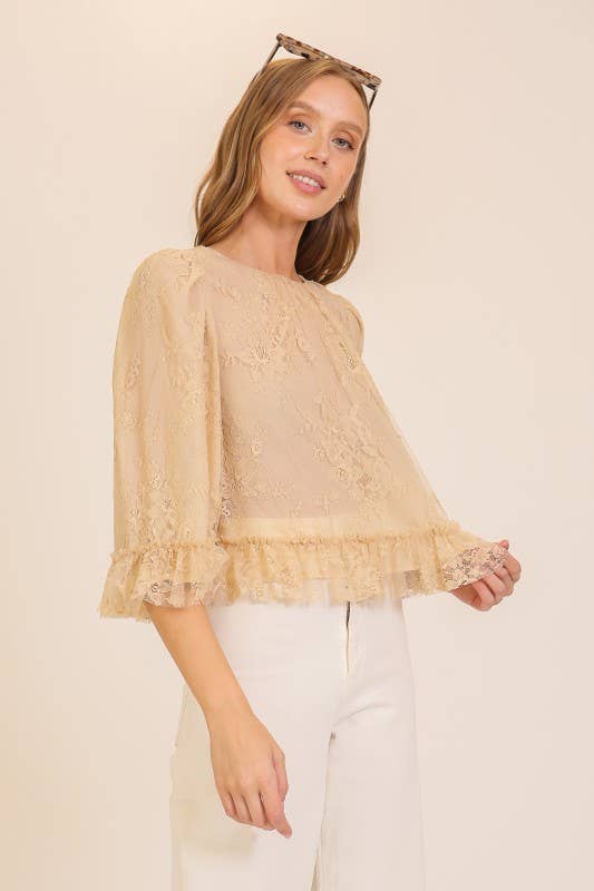 Sheer Lace Ruffle Hem Blouse