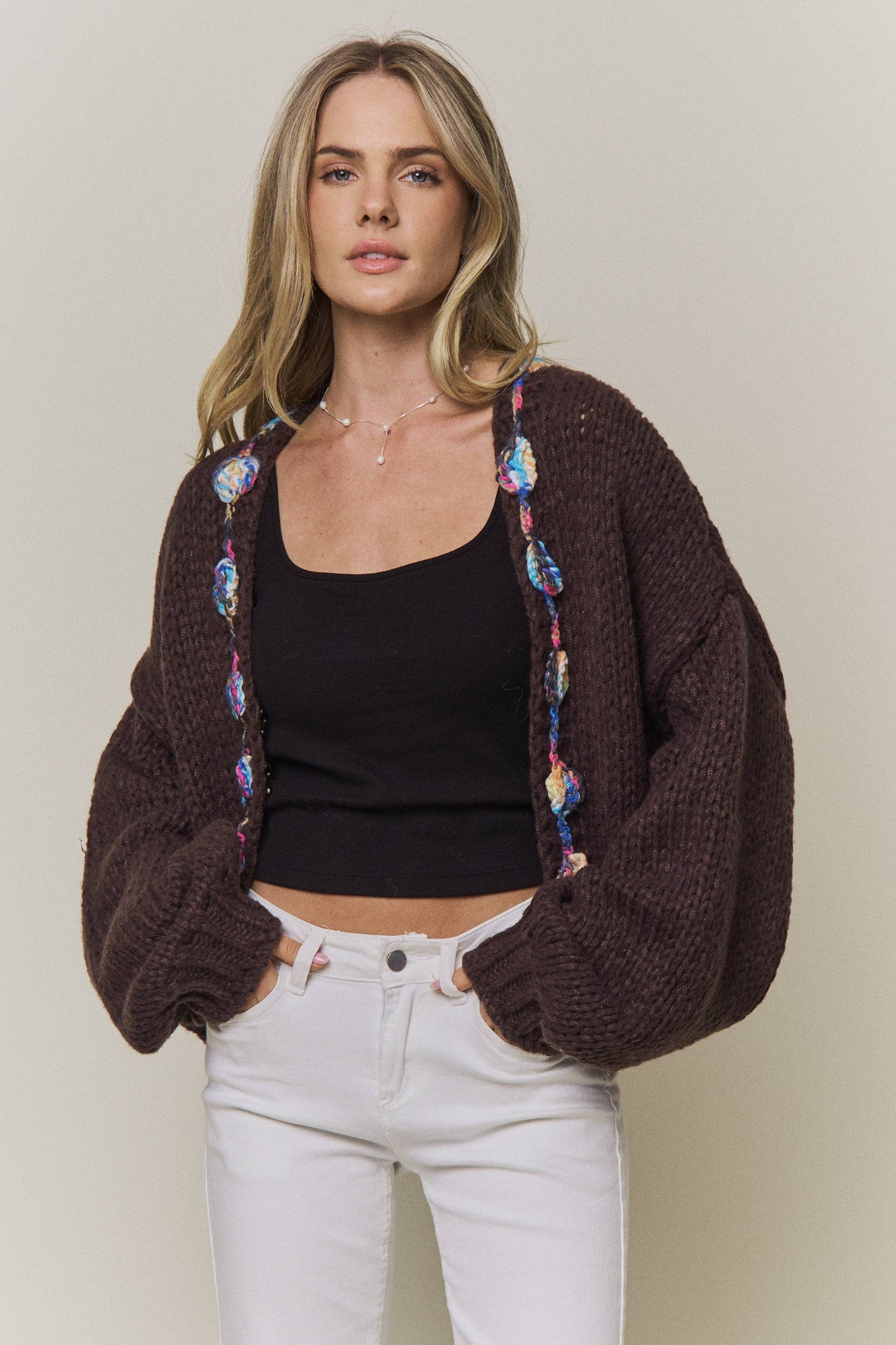 CHUNKY MULTICOLOR TRIM KNIT CARDIGAN - CESW4416