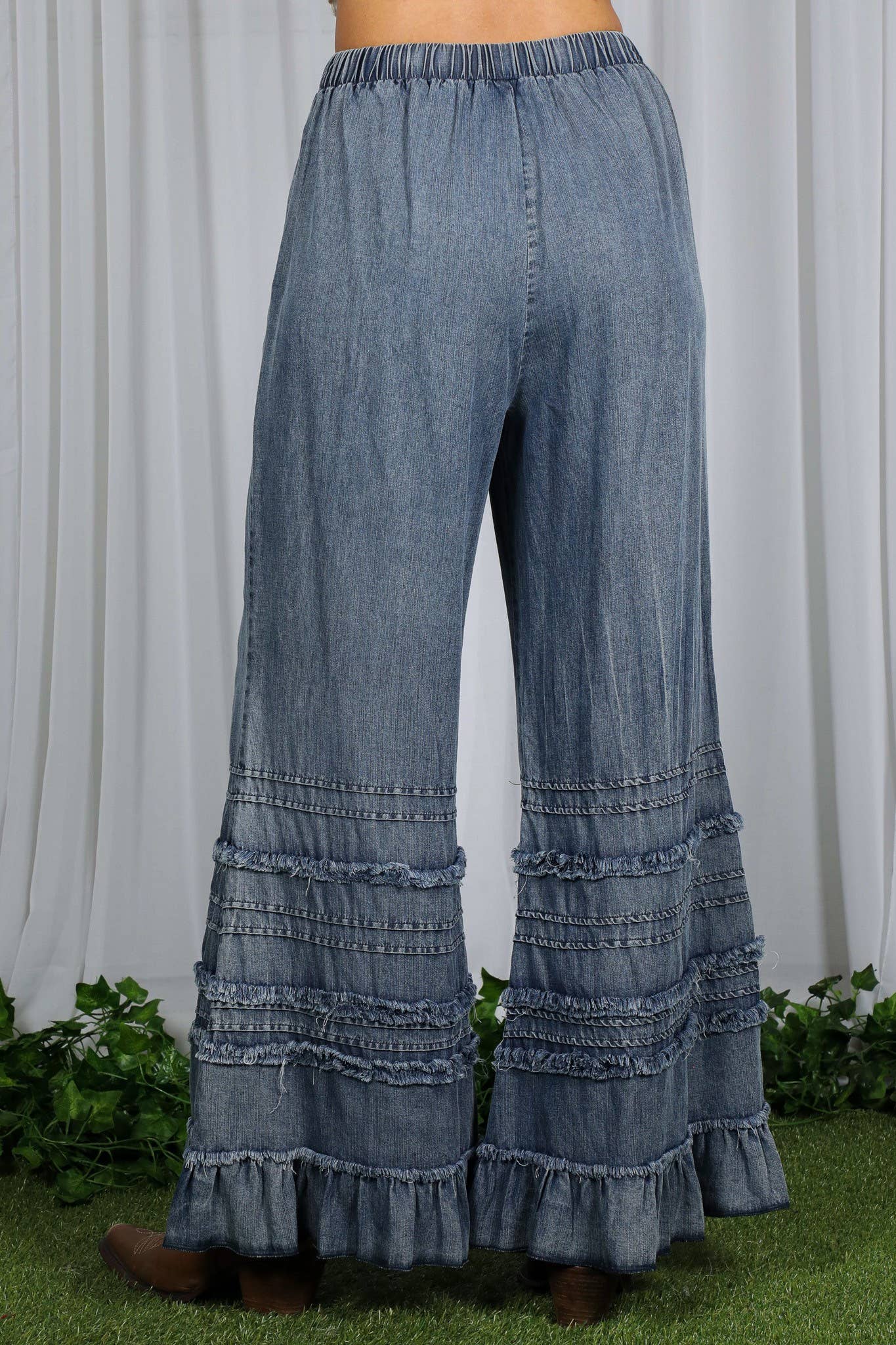 Flared Ruffle Hem Washed Chambray Pants