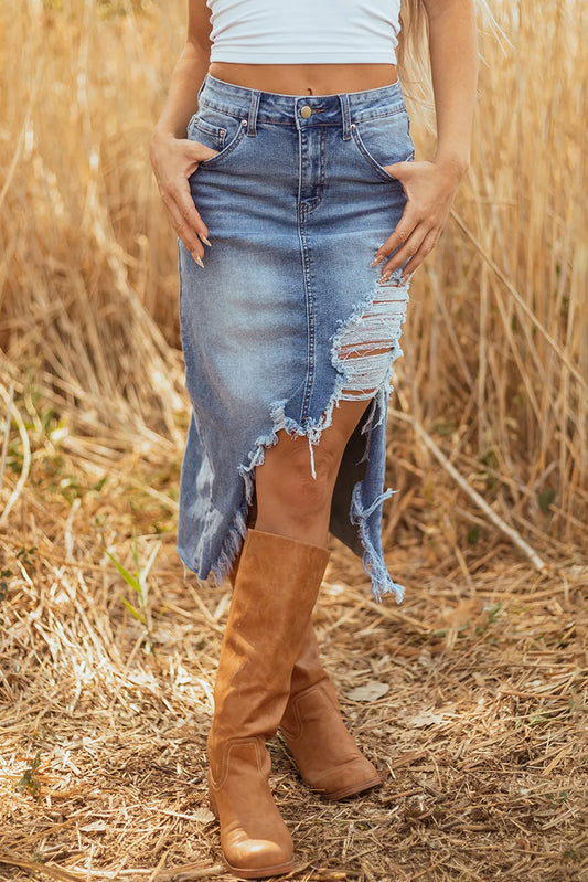 Distressed Bottom Denim Midi Skirt