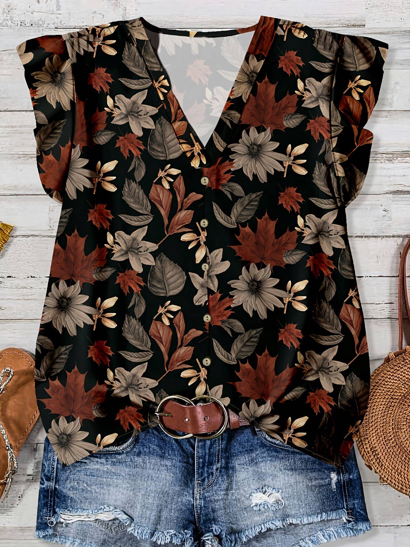 Flutter Sleeve Watercolor Floral & Leopard Print V-Neck Top