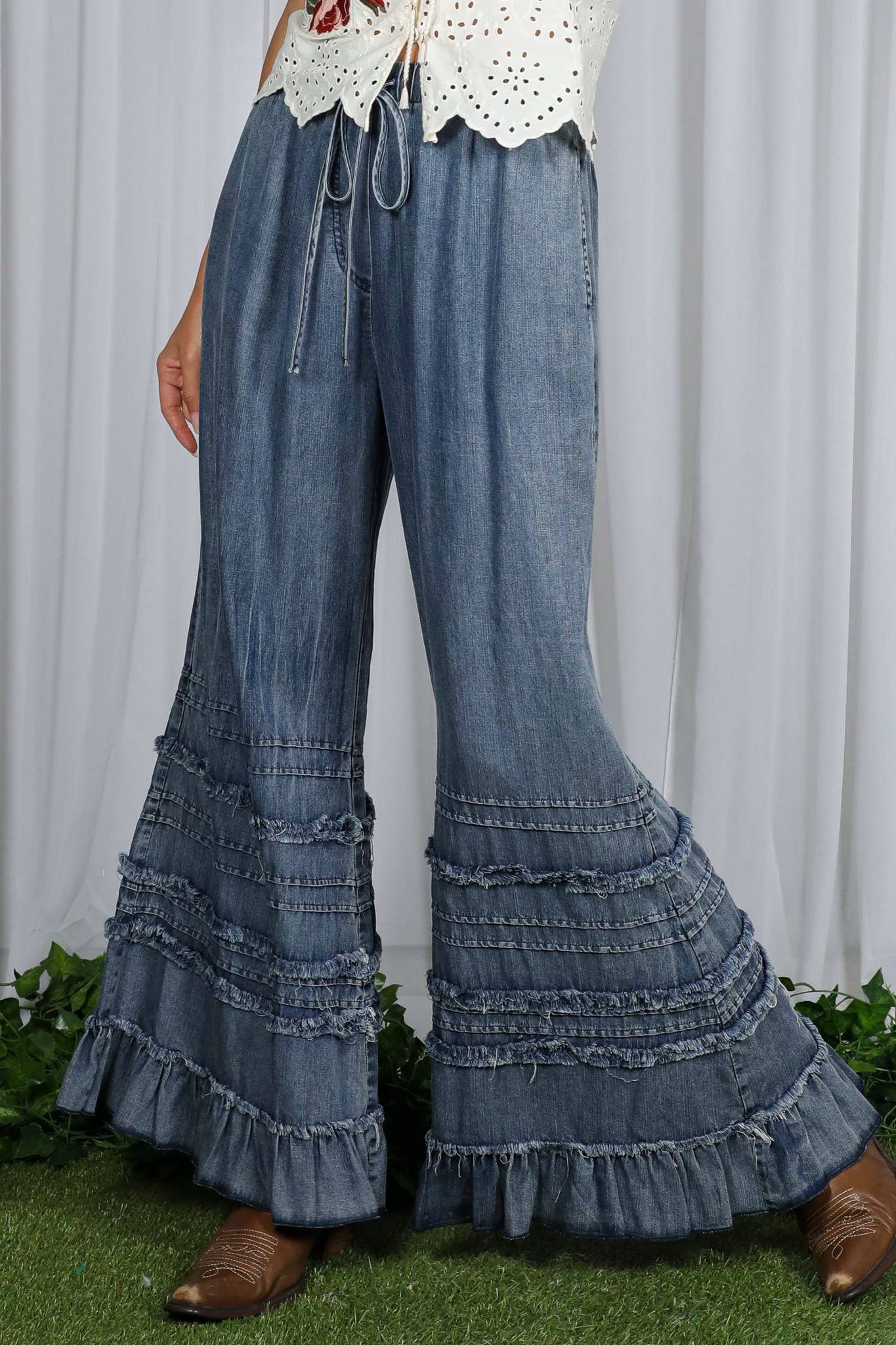 Flared Ruffle Hem Washed Chambray Pants