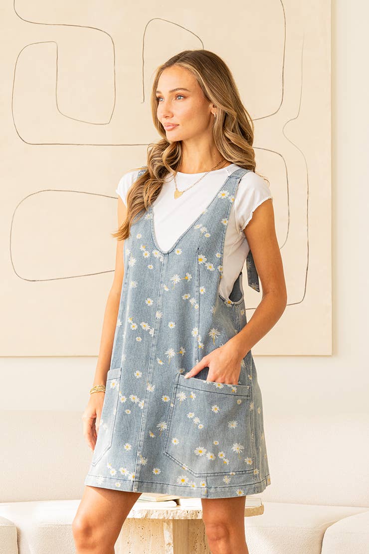 Daisy Print V Neck Denim Dress