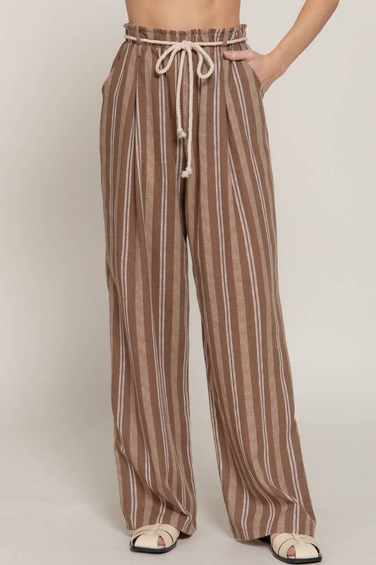 `Rope Belted Stripe Print Linen Effect Pants w/ Pockets