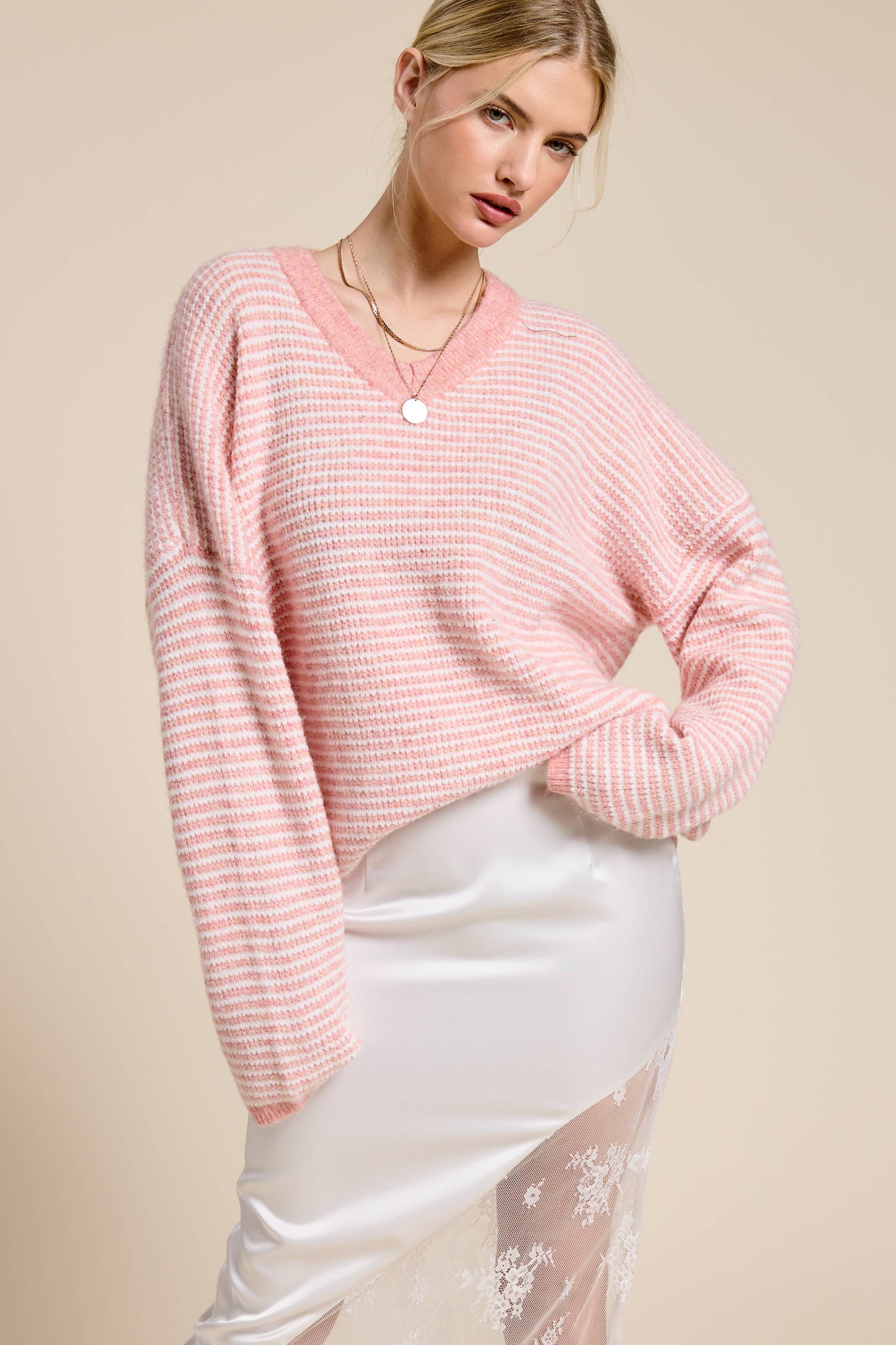 Striped V Neck Knit Sweater