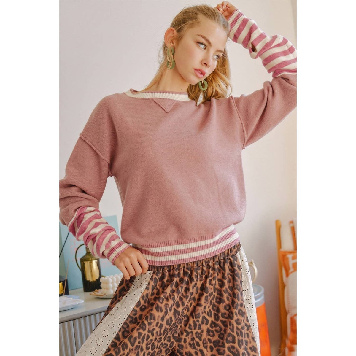 Vintage Stripe Thumbhole Relaxed Knit Pullover