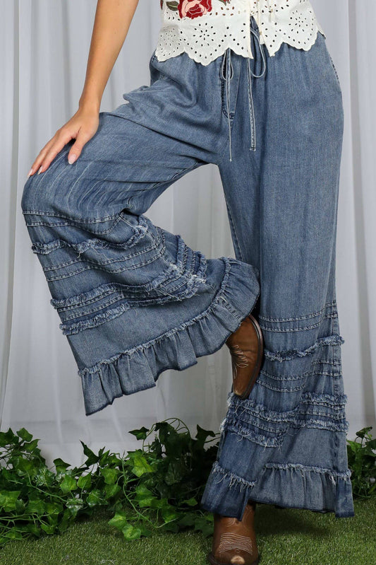 Flared Ruffle Hem Washed Chambray Pants