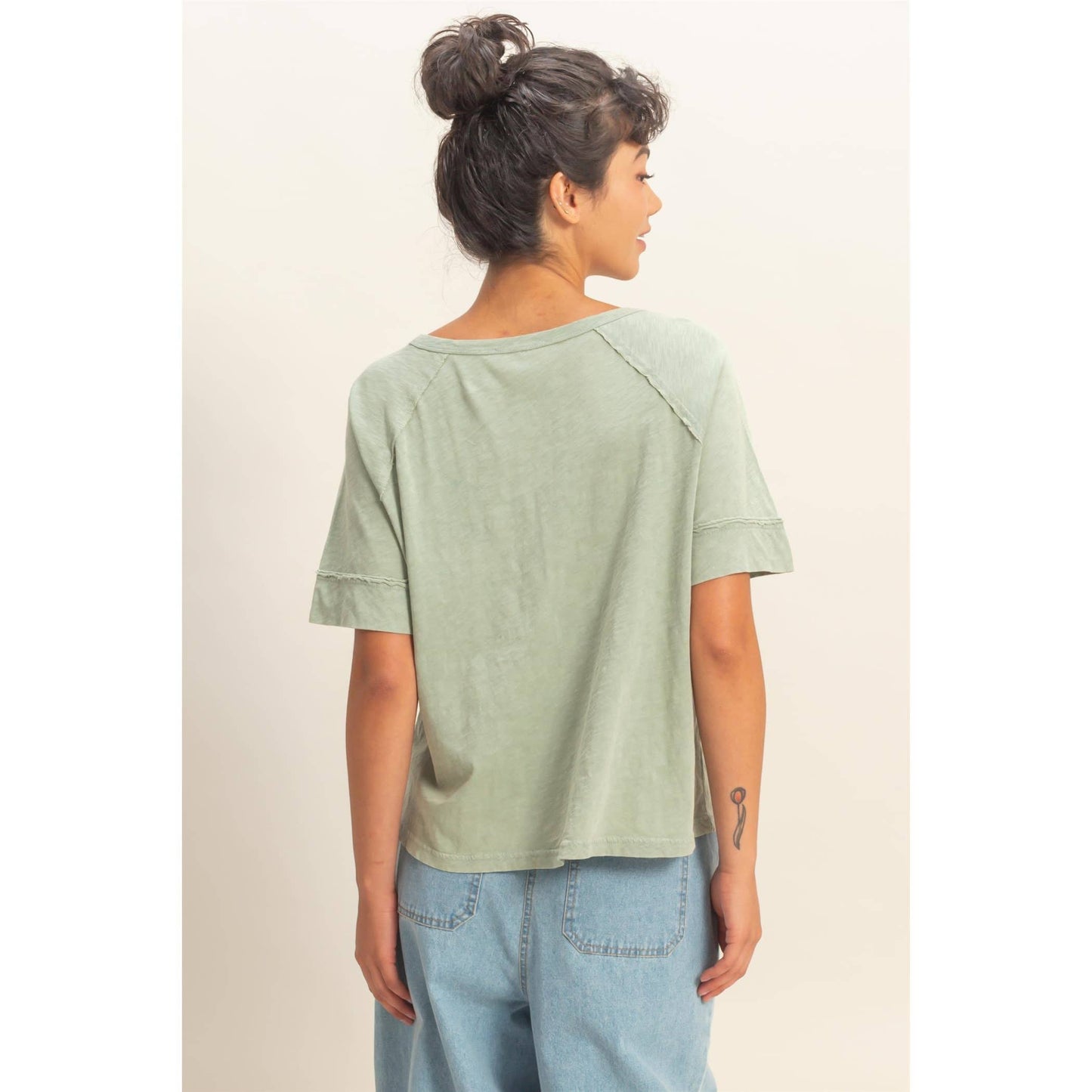Acid Wash Raw Seam Raglan Short Sleeve Tee