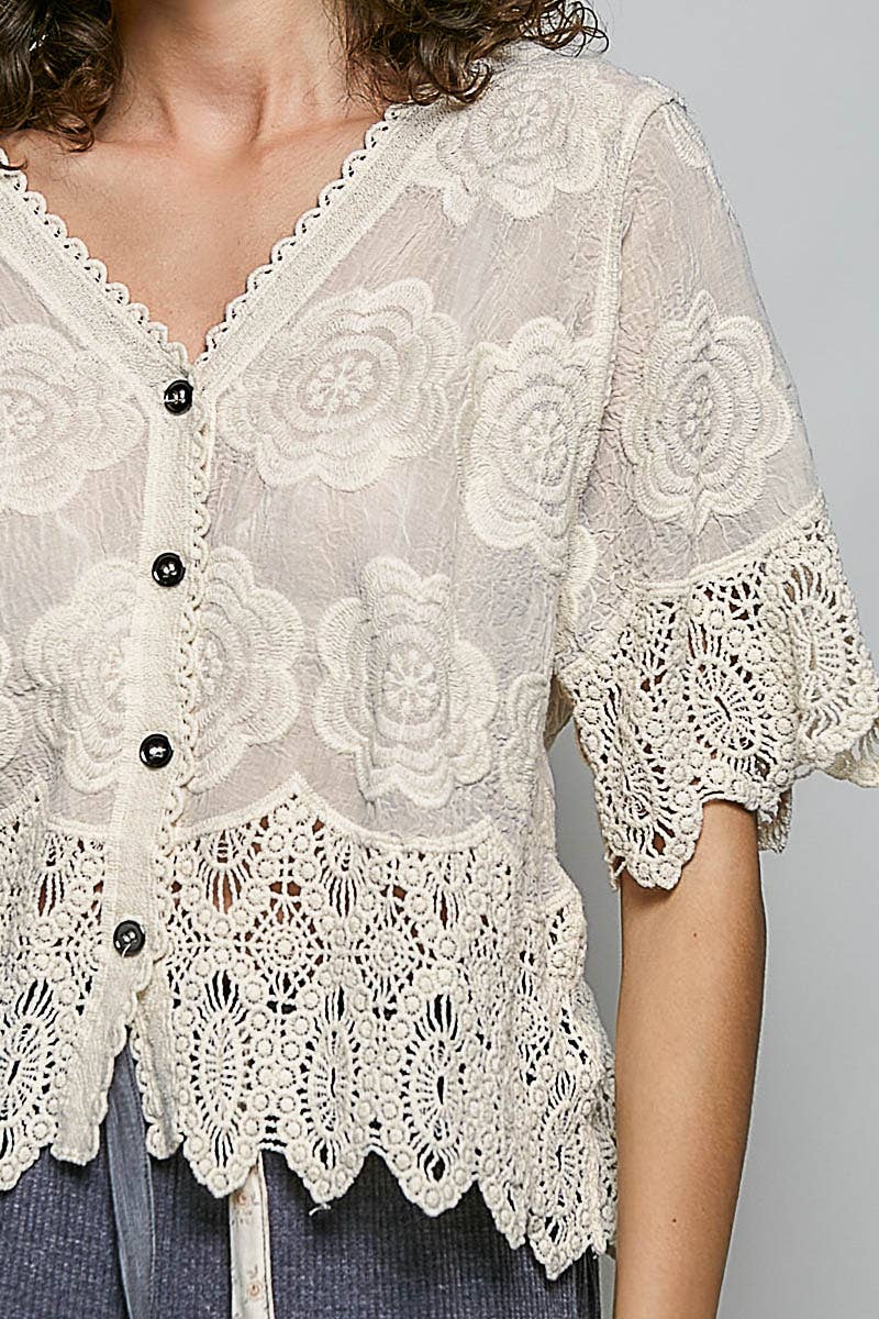 Crochet Trim Neckline Short Sleeve Jacket Top