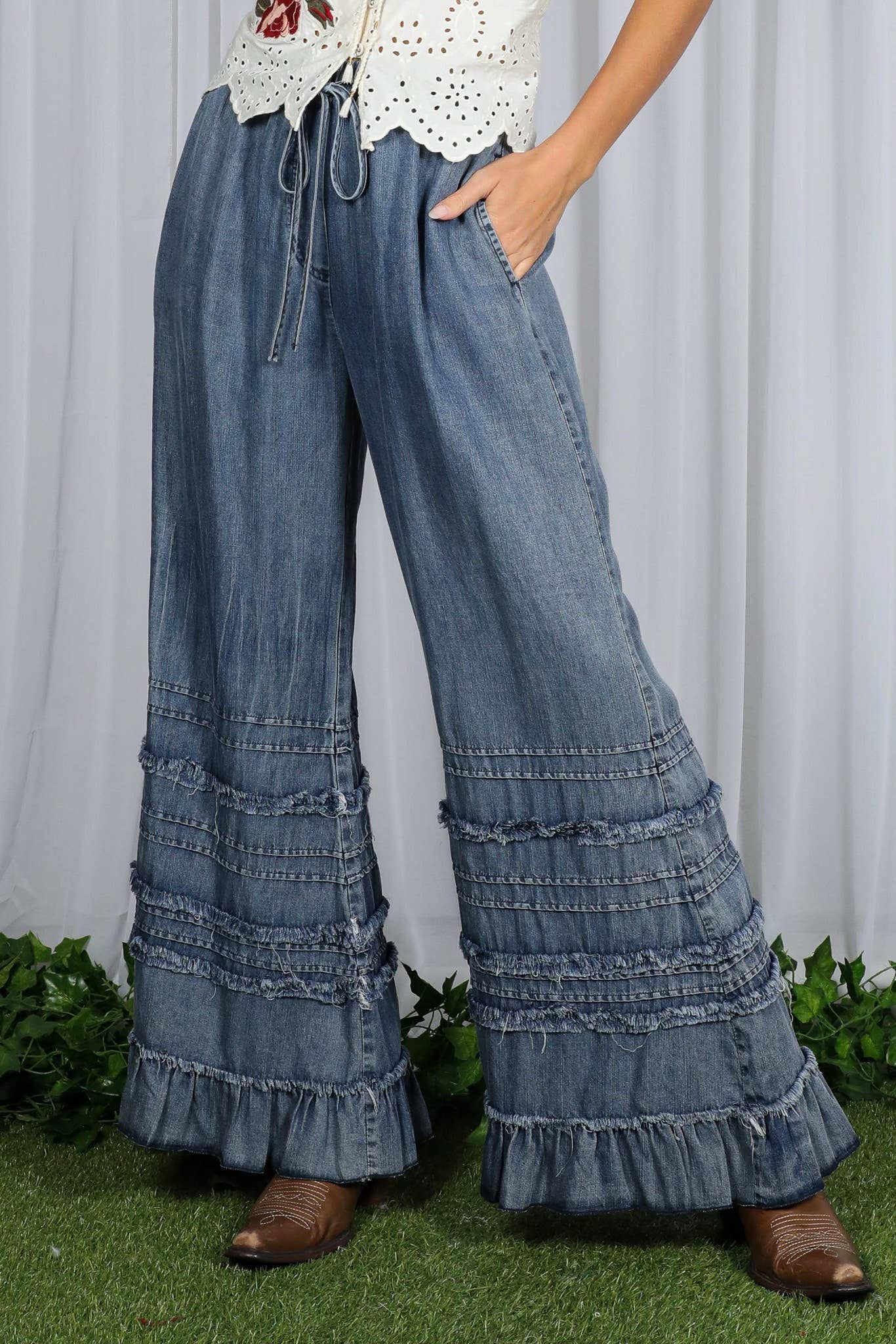 Flared Ruffle Hem Washed Chambray Pants