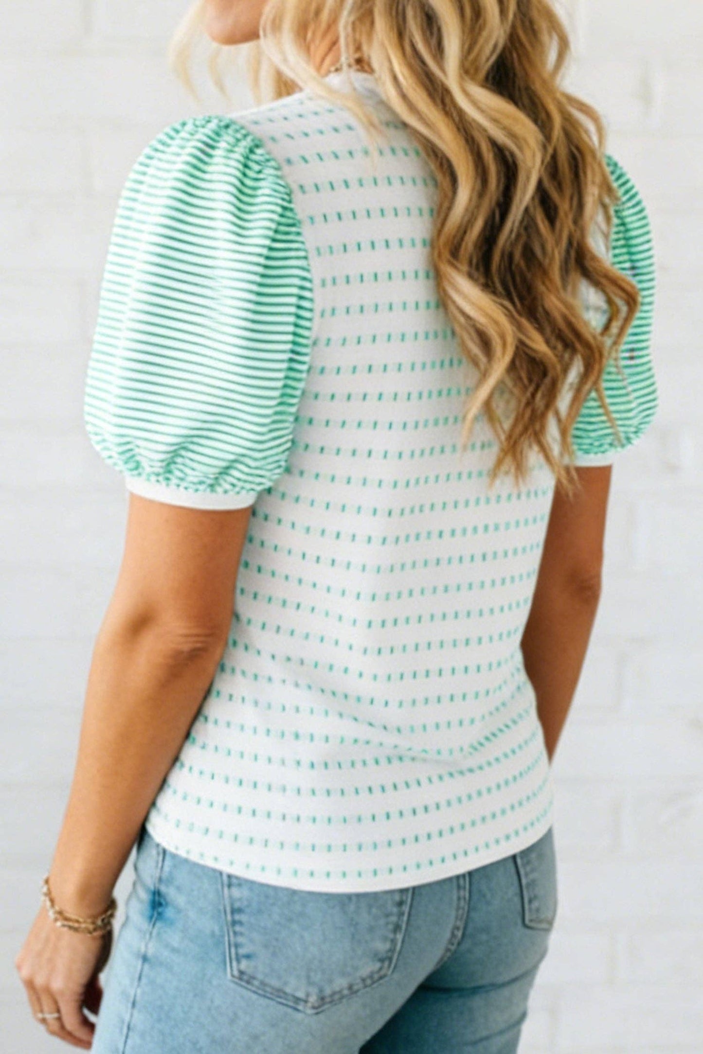 Green Stripe Puff Sleeve Textured Tee