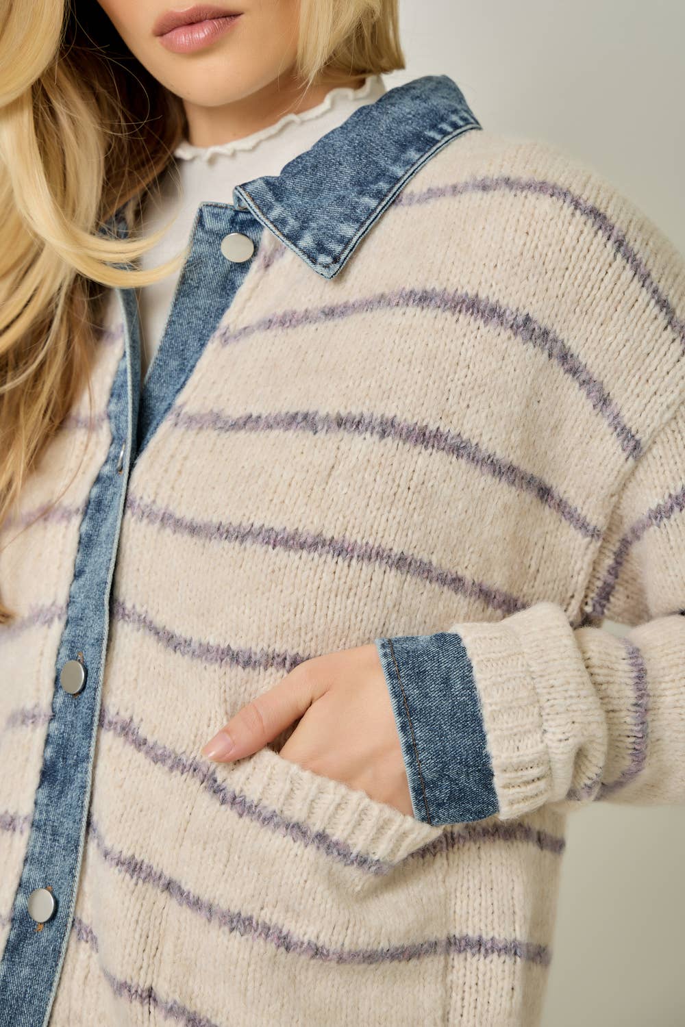 71281 Striped Denim Hem Sweater Jacket