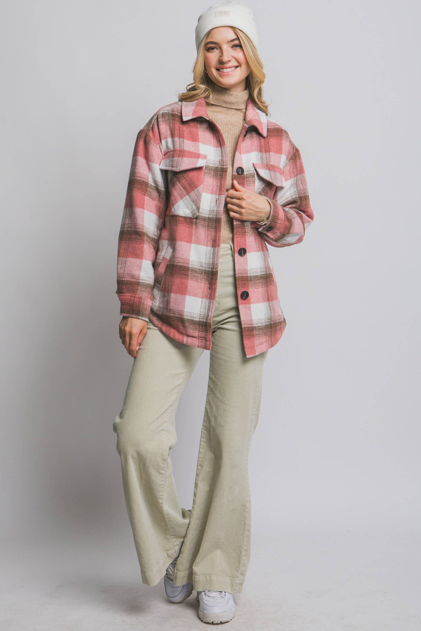 Plaid Button Up Shacket with Sherpa Lining