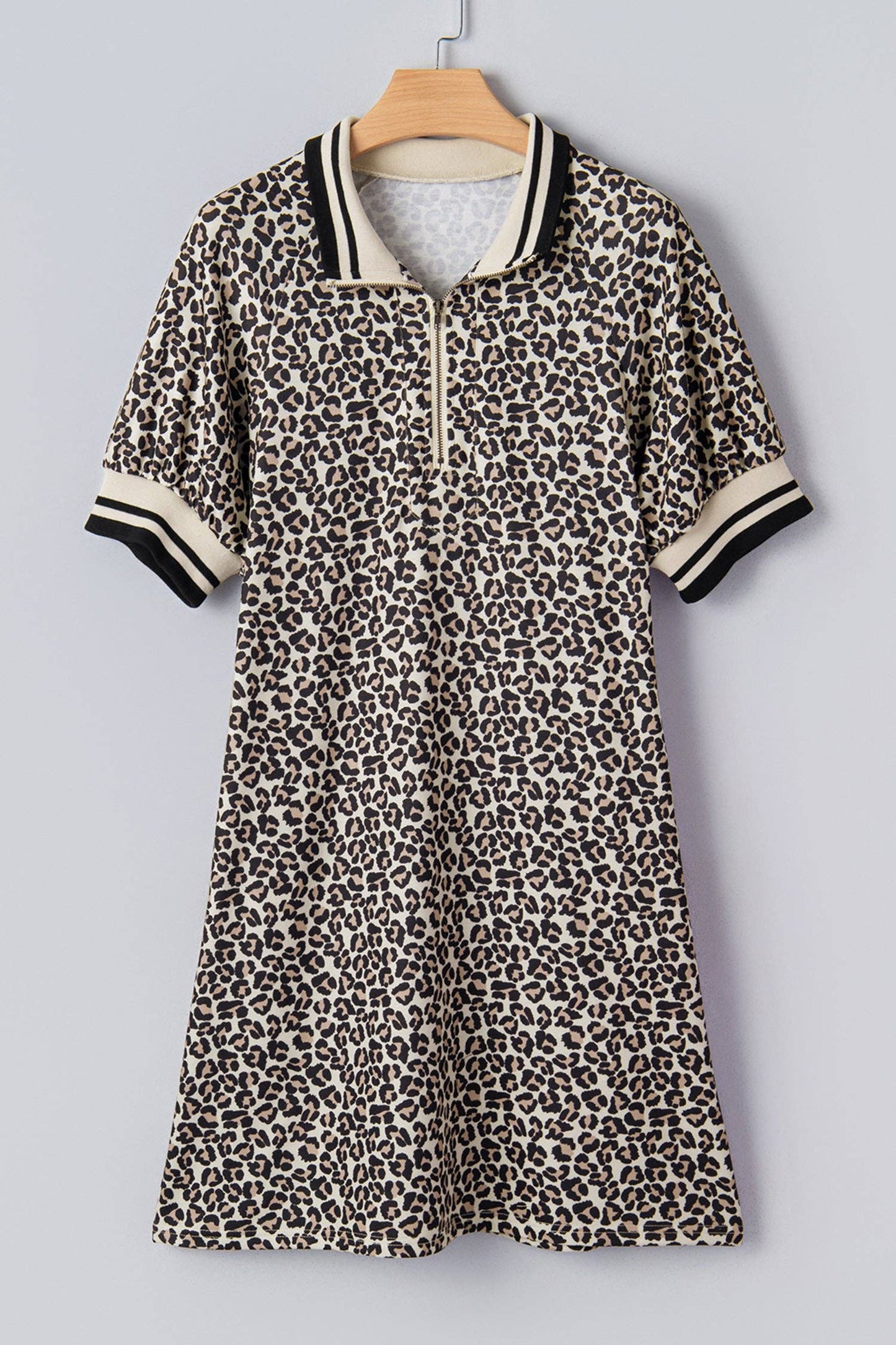 Khaki Leopard Print Zip Neck Striped Webbing Patchwork T Shirt Mini Dress