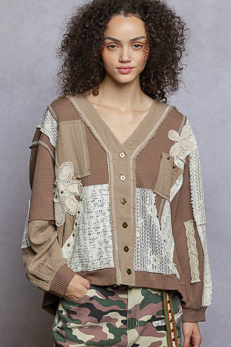 V Neck Patches Stud Knit Hoodie Top