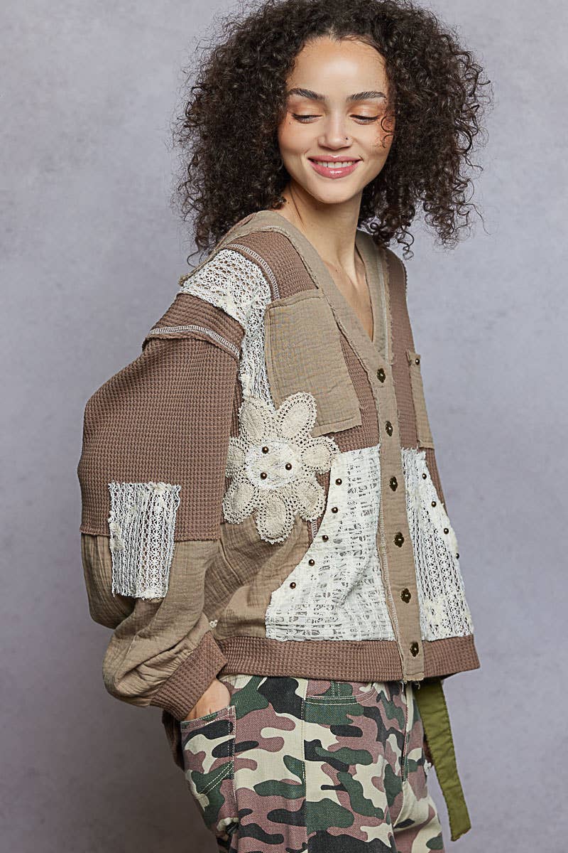 V Neck Patches Stud Knit Hoodie Top