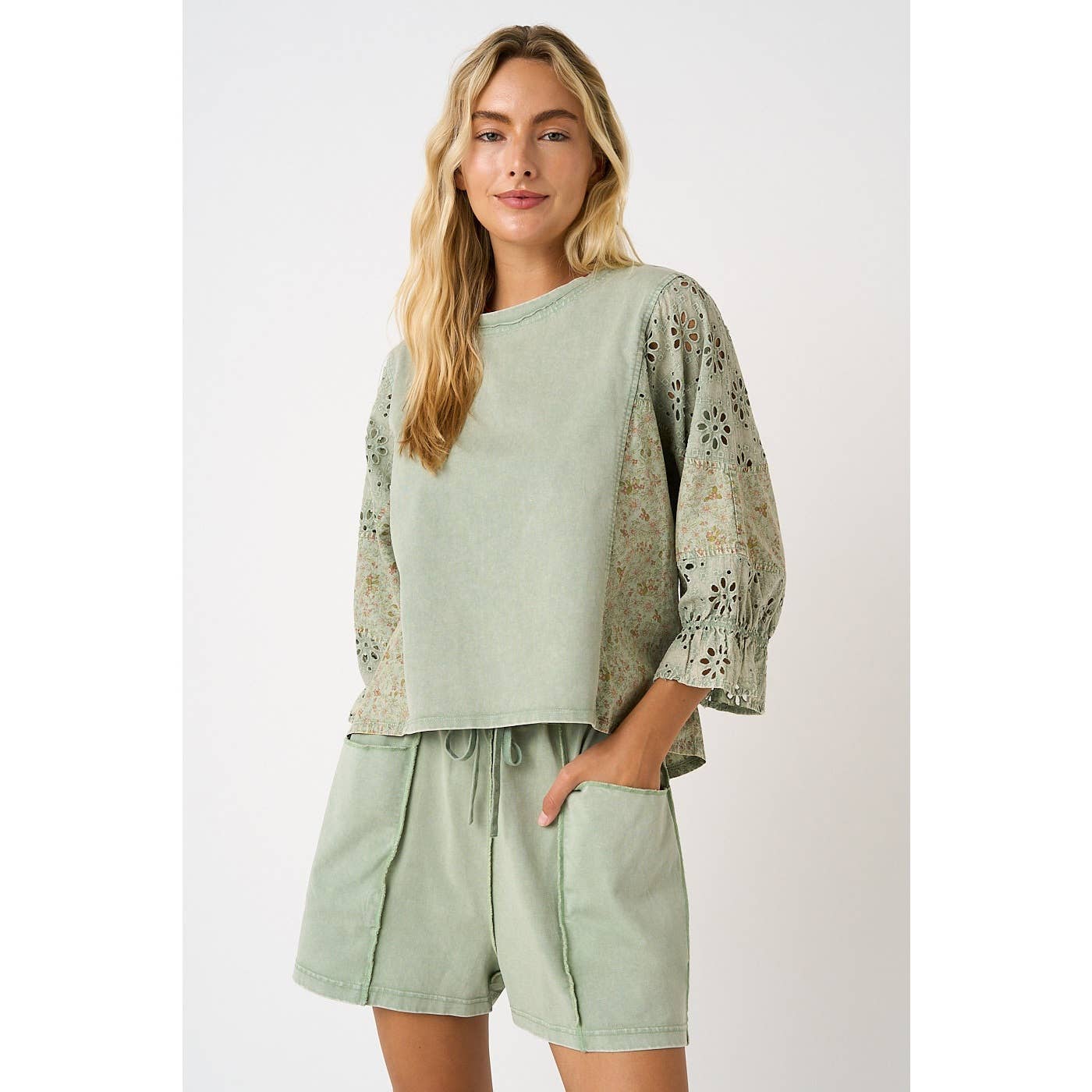 EYELET PATCHWORK RUFFLE LONG SLEEVE TOP