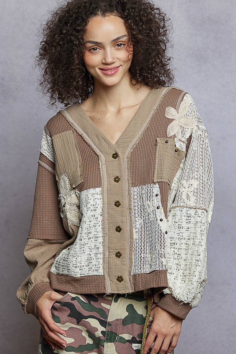 V Neck Patches Stud Knit Hoodie Top