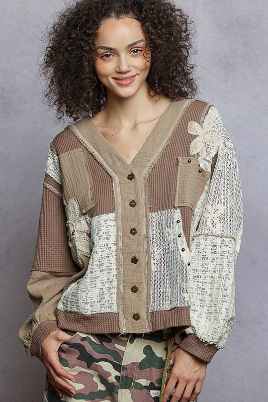 V Neck Patches Stud Knit Hoodie Top