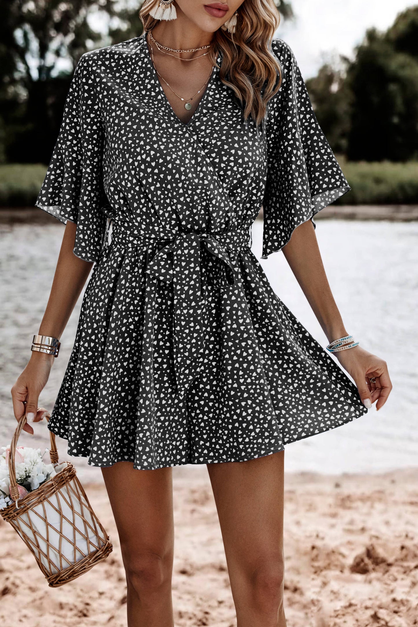 Black And White Print Faux Wrap Romper