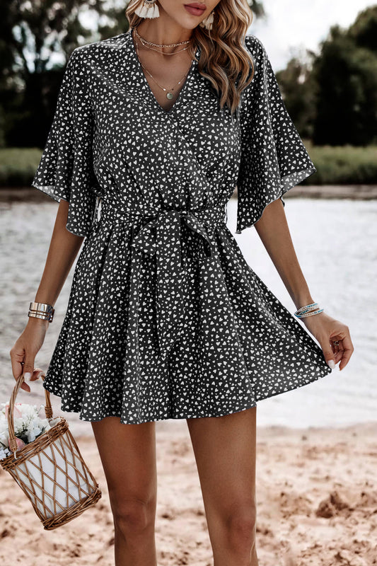 Black And White Print Faux Wrap Romper