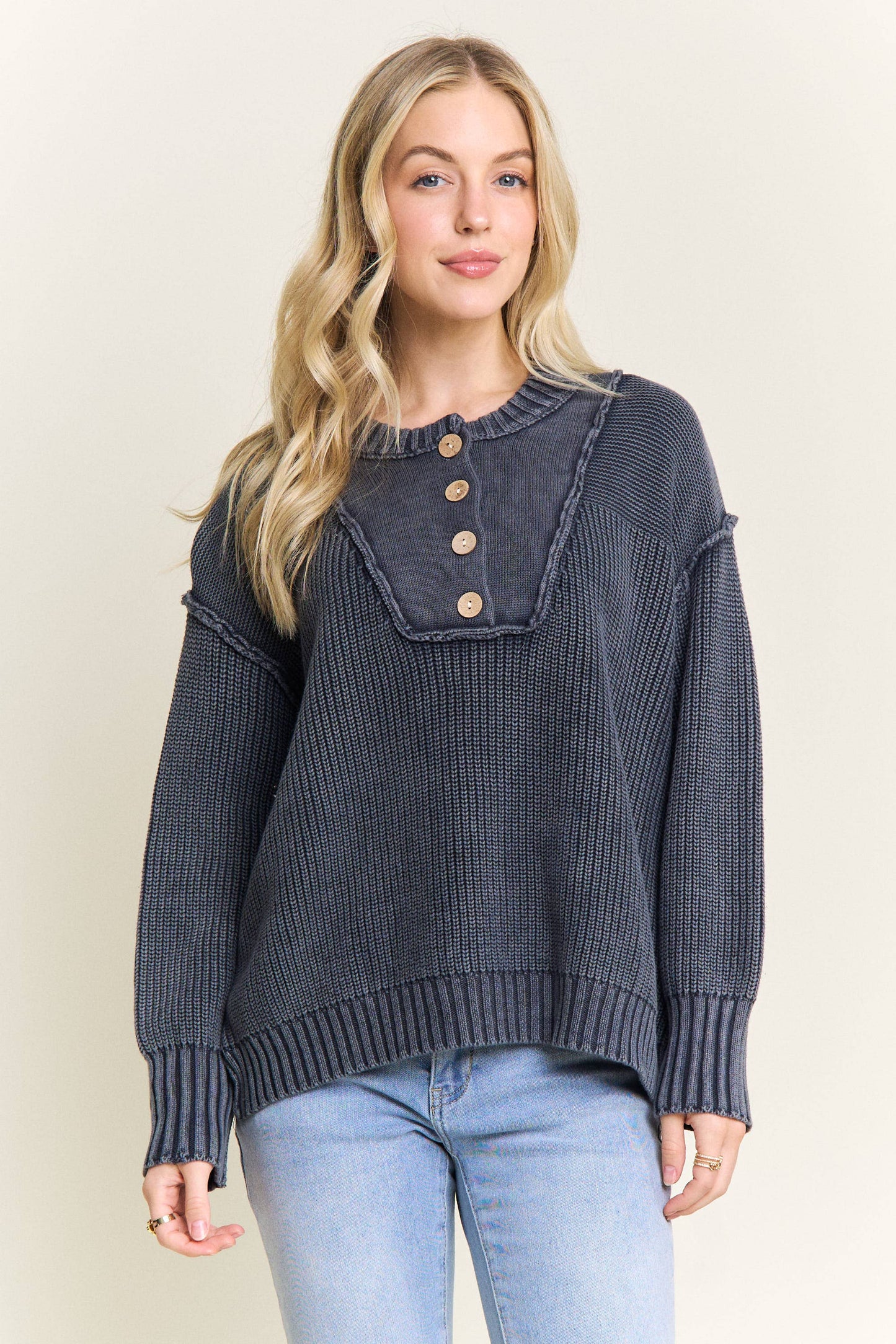 Button Front Henley Knit Sweater