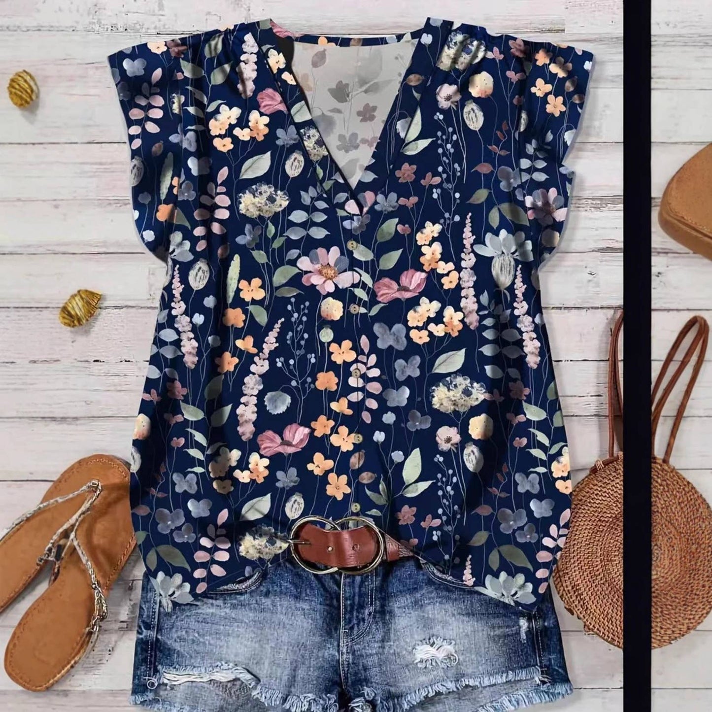 Flutter Sleeve Watercolor Floral & Leopard Print V-Neck Top