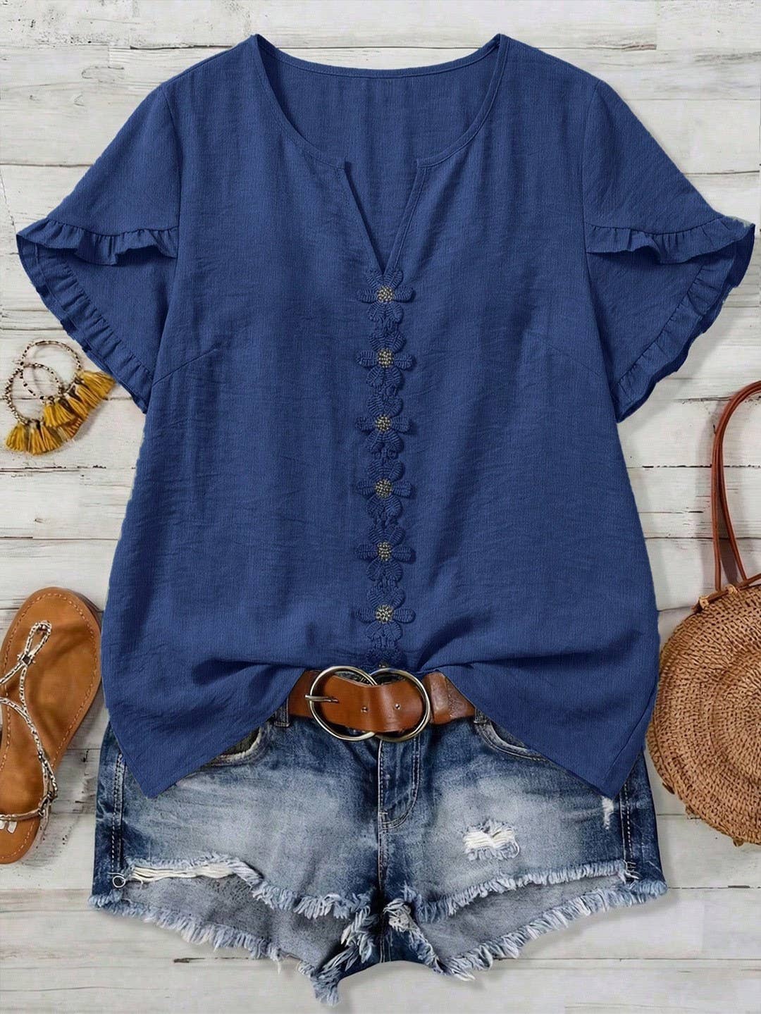 Boho Floral Embroidery V-Neck Ruffle Sleeves Shirt