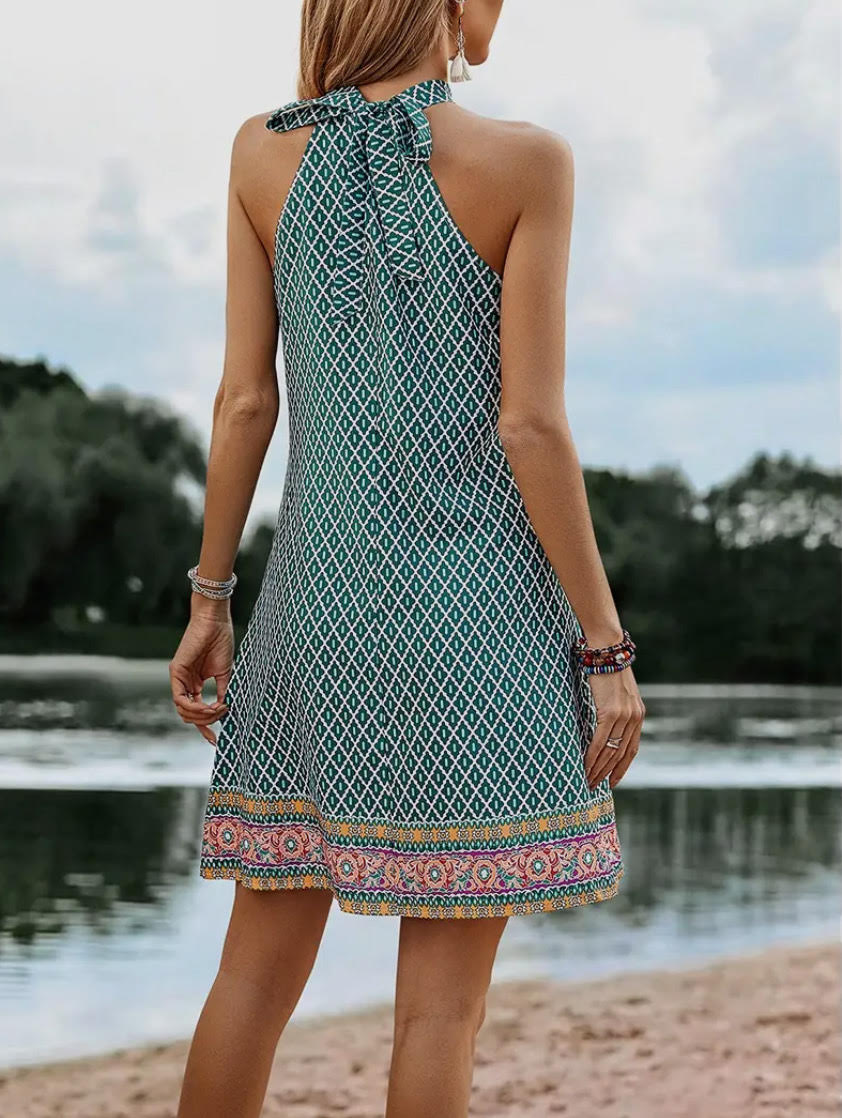 Green Open Shoulder Halter Dress