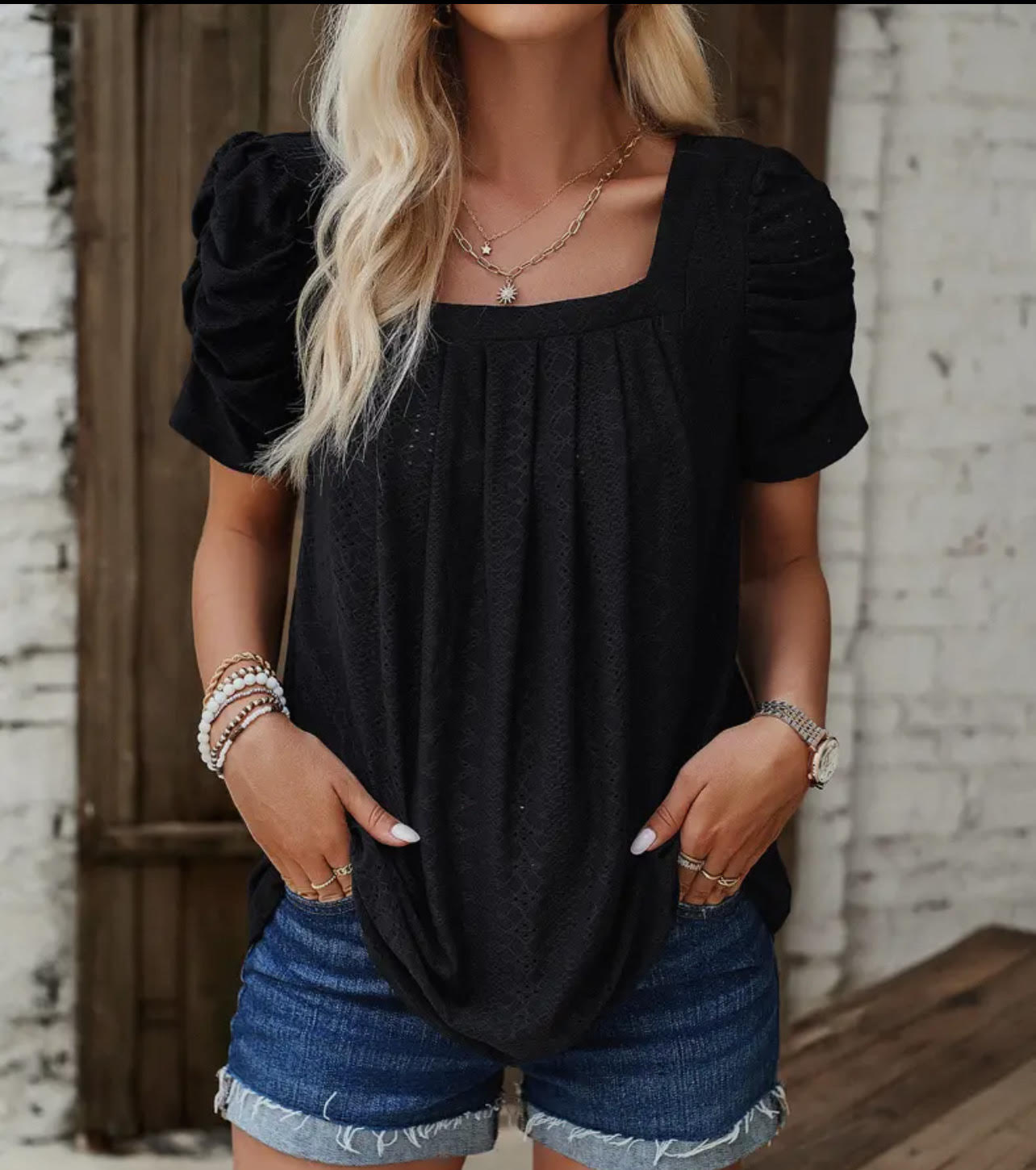 Square Neckline Ruched Sleeve Top